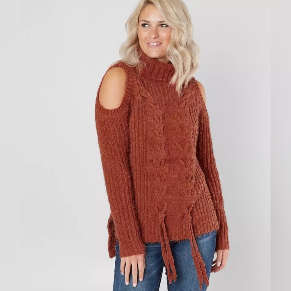 MISS ME Medium CHUNKY Fuzzy Cozy Rust Turtleneck Cold Shoulder Hi Lo Tie Sweater